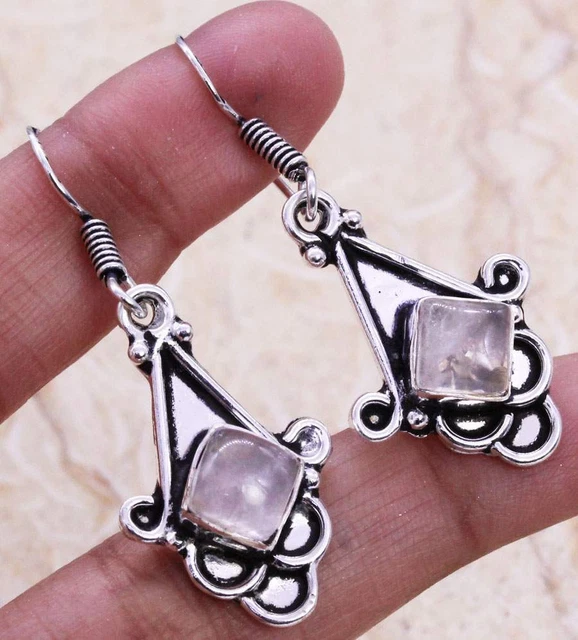 Delicate Rose Quartz 925 Silver Plated Handmade Earrings of 1.5" Ethnic Gift