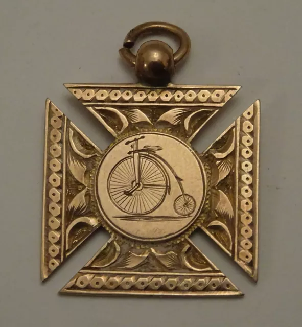 RARA ANTICA MEDAGLIA D'ORO MASSICCIO VITTORIANA 9CT, PRIMO PREMIO CICLISMO 10 MIGLIA c1889