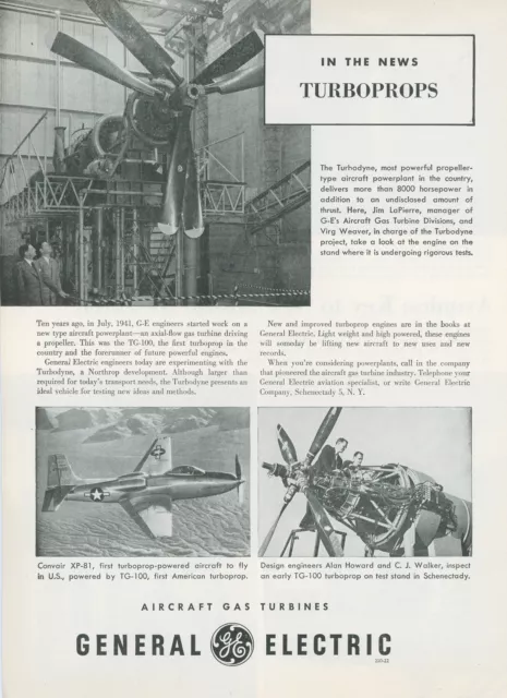 1951 General Electric Ad Convair XP-81 Turboprop Airplane Aircraft Engine