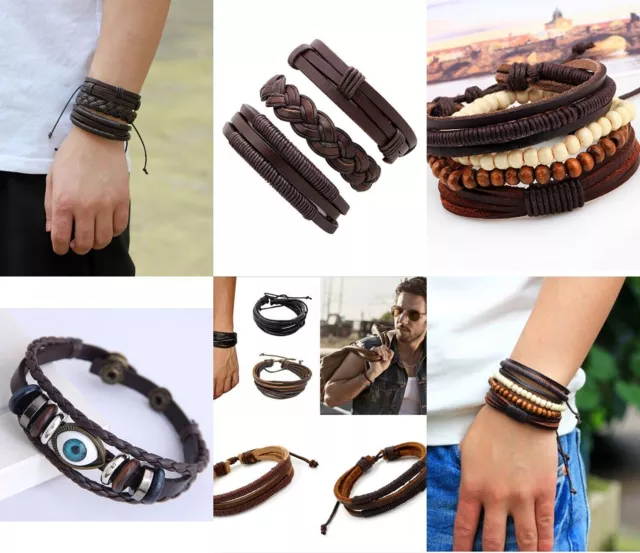 Mens Women Real Leather Bracelet Wristband Bangle Punk Beaded Surfer Wrap Gifts