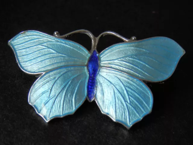 Rare Antique Solid Silver Guilloche Enamel Butterfly Brooch J Aitkin & Son 1918