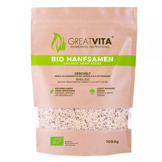 GreatVita Bio Hanfsamen 1000g geschält | 1kg natürliches Protein Eiweiß vegan