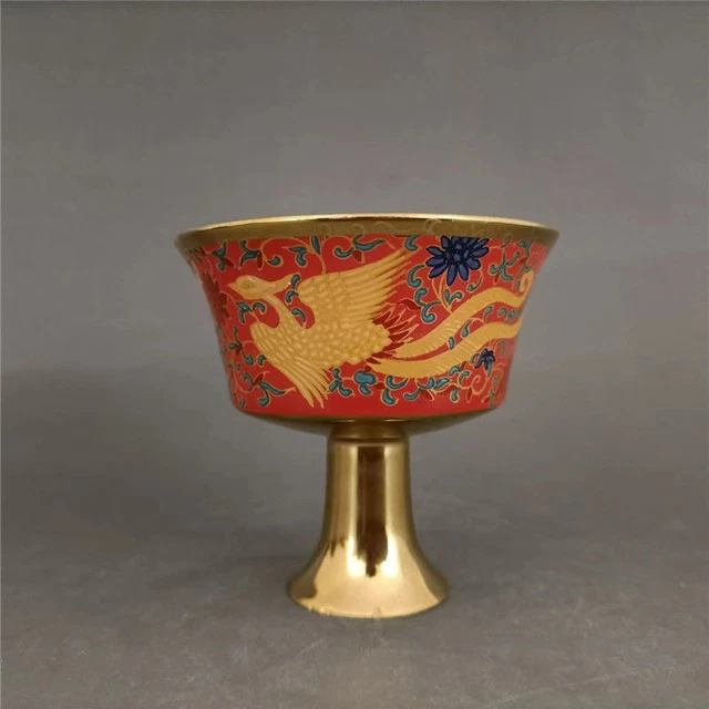 Ming Chenghua Porcelain Colorful Gilded Gold Phoenix Pattern High Foot Cup