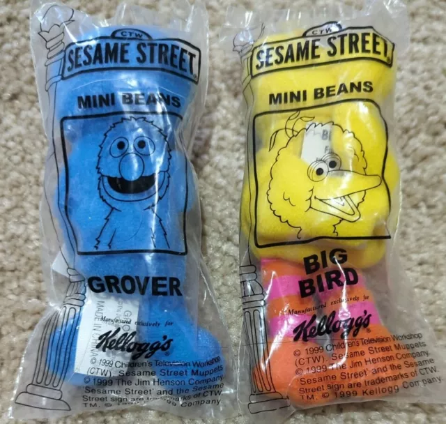 2 NEW Vintage 1999 Kelloggs Sesame Street Mini Beans Big Bird and Grover Sealed