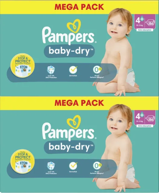 Pampers Lot 172 Couches Pampers baby-dry Taille 4+ de 10 à 15kg Mega Pack