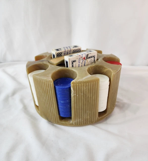 Poker Game Chip Set Rotating Carousel Caddy w/Handle  Plastic & 2 Decks of Cards