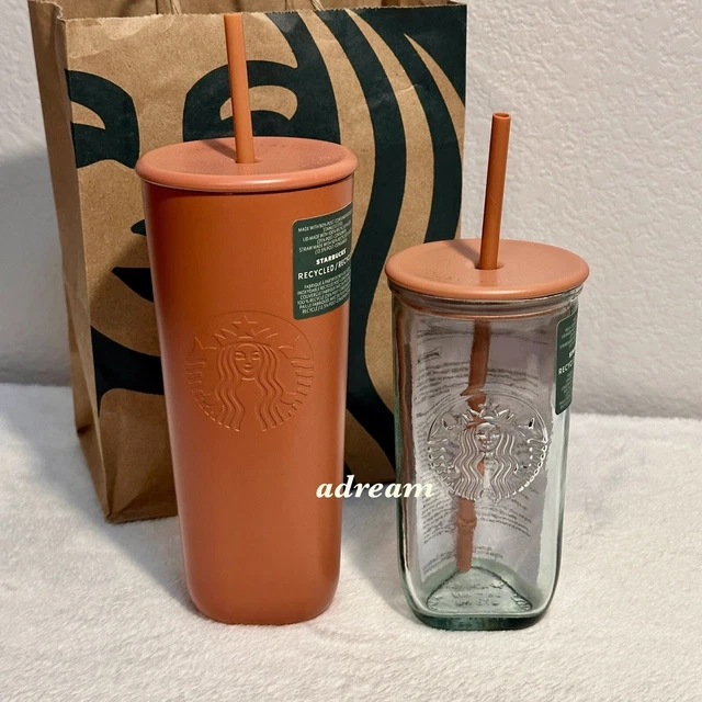 STARBUCKS 2024 RECYCLED SET of 2 Triangle Glass 16oz Cold Cup and SS