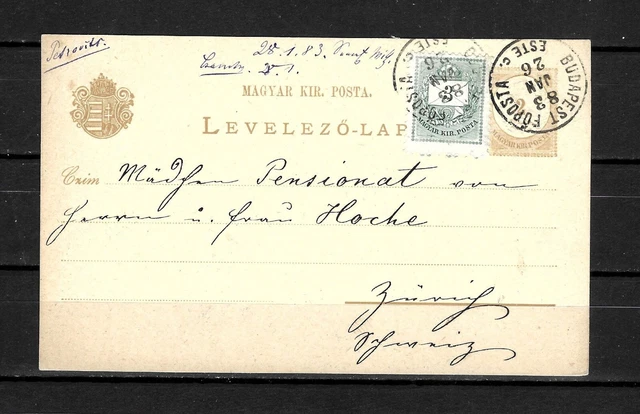 Hungary 3kr num stp 2kr stationery postcard Budapest 26/1/1883 to Switzerland