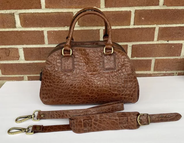 Maxwell Scott Liliana Croco Embossed Leather Bowling Style Bag Purse Strap Brown