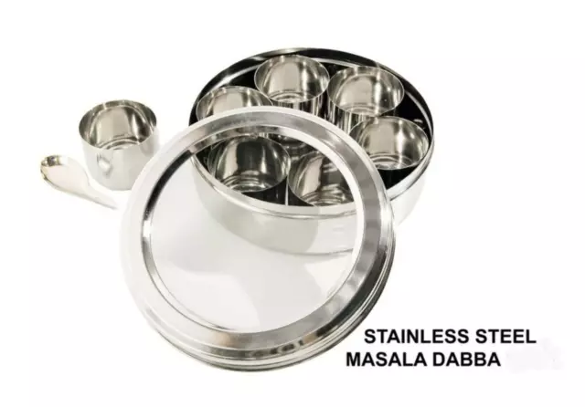 Stainless Steel Indian Herb Spice Tin Box Masala Dabba Storage Glass Lid No10