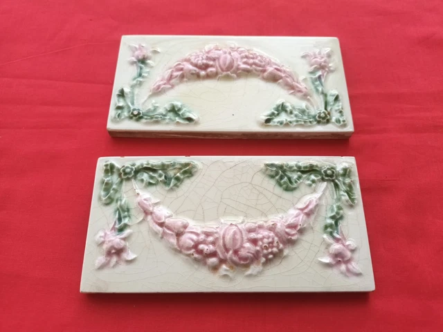 2 Piece Old Art Deco Floral Design Embossed Majolica Ceramic Tiles Japan 0263 3