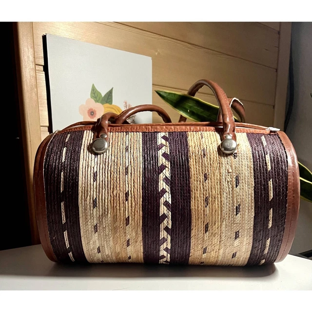 Vintage Straw Shoulder Bag Circular 7in Vegan Leather