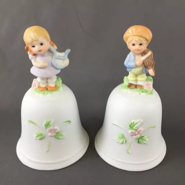 Vintage Pair of 2 Porcelain Homco #1416 Bells - Boy & Girl Playing Instruments