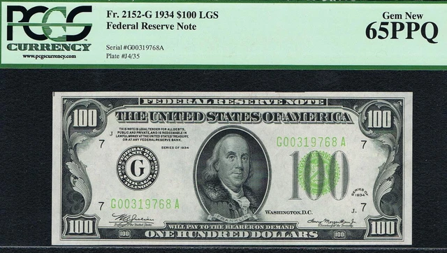 LGS. LIGHT GREEN SEAL. $100 1934 Chicago FRN. PCGS 65 PPQ. RARE NOTE