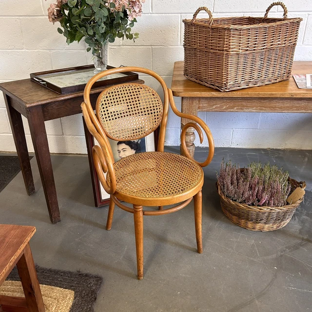Beautiful Vintage Thonet Style Bentwood Armchair With Circular Cane Seat & Back