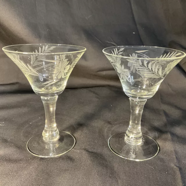 2 French Etched Cocktail Saucer Cup Glass Bar Wine Vintage Flower Leaf Beautiful