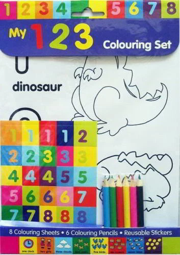 Learning Numbers Colouring Set Stickers 6 pencils 8 printed Colorin sheets