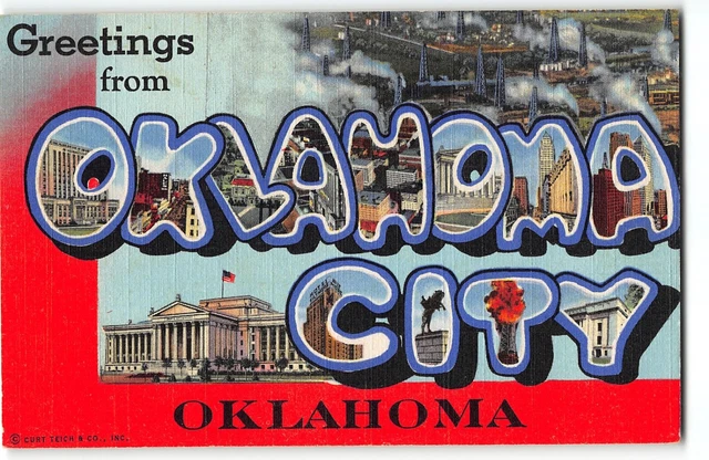 OKLAHOMA CITY Large Letter Linen Postcard Curteich 1944 Aerial View of Oil Field