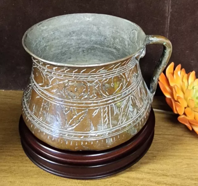 antique persian / Ottoman bronze mug Hammer Forged Rivet Handle