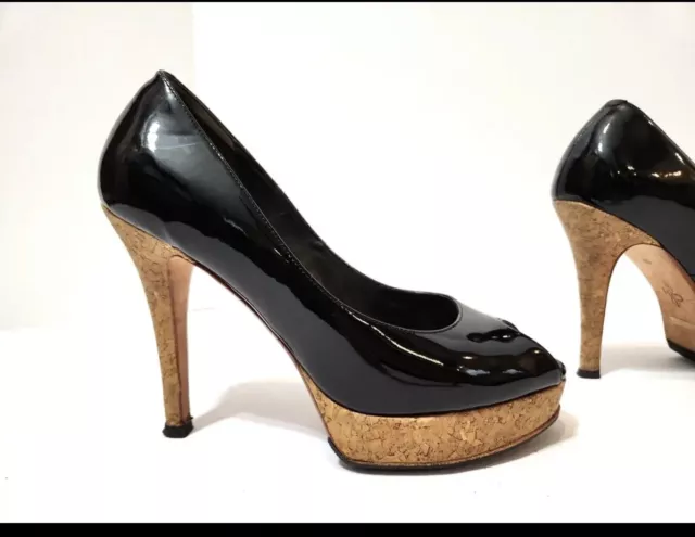 Cole Haan Mariela Black Patent Peep Toe Cork Platform Stiletto Heels Size 7.5B