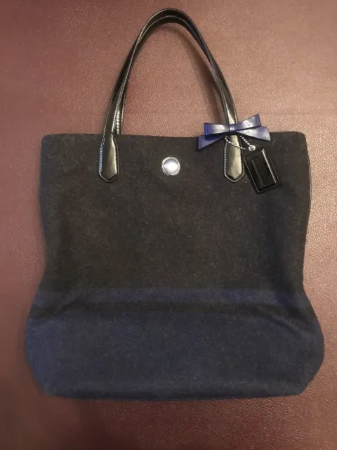 Coach Wool Charcoal and Blue Striped Tote with Patent Leather Straps