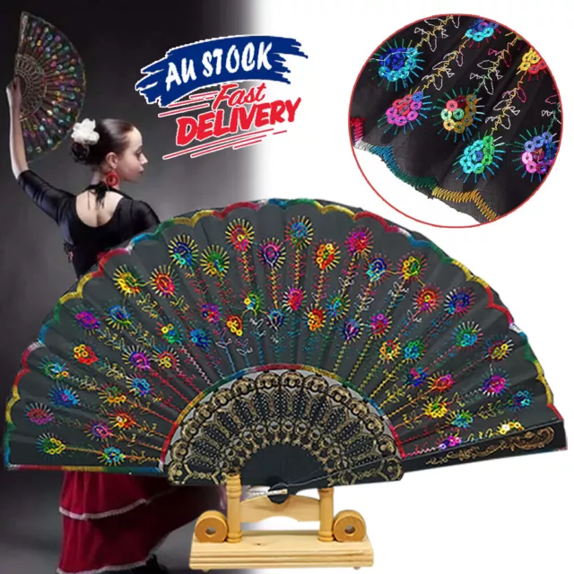 Hand Fan Pattern Folding Sequin Embroidered Peacock Wedding for Dance Party