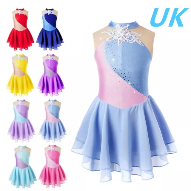 UK Kids Girls Sequins Sleeveless Modern Dance Dress Ice Skating Leotard Dress