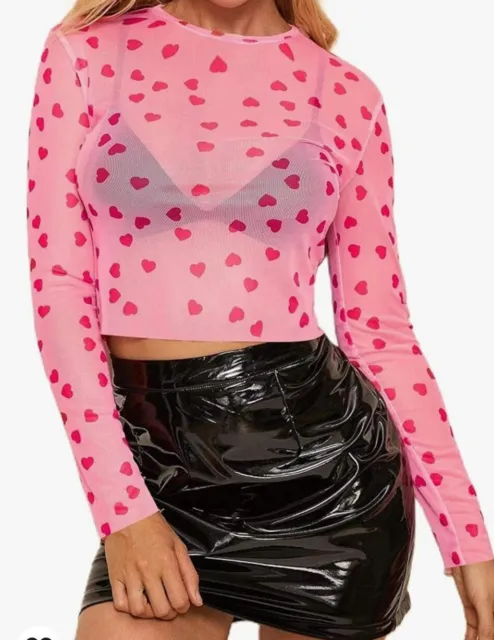 Pink Heart Sheer Mesh Long Sleeve Top. BNWT