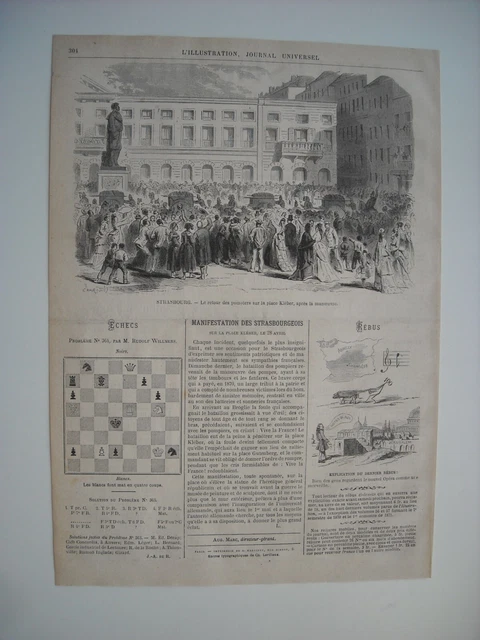Gravure 1872. Strasbourg. Manifestation Strasbourgeois Place Kleber. Pompiers.