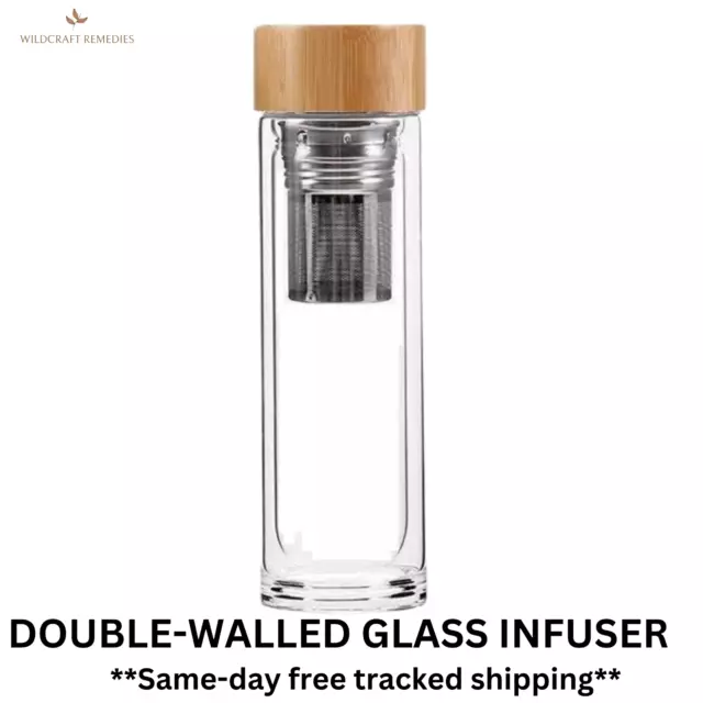 DOUBLE WALL GLASS BOTTLE TEA COFFEE BAMBOO LID STAINLESS STEEL INFUSER 350mL
