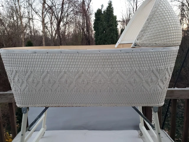 Vintage Wheeled Wicker Another Badger Baby Bassinet Basket W/ Mattress. USA