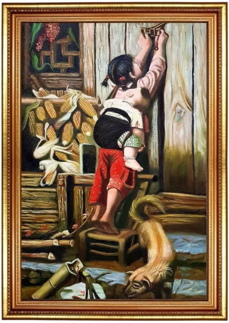 Ölbild, Mädchen mit Kind und Hund Ölgemälde HANDGEMALT,F: 60x90cm