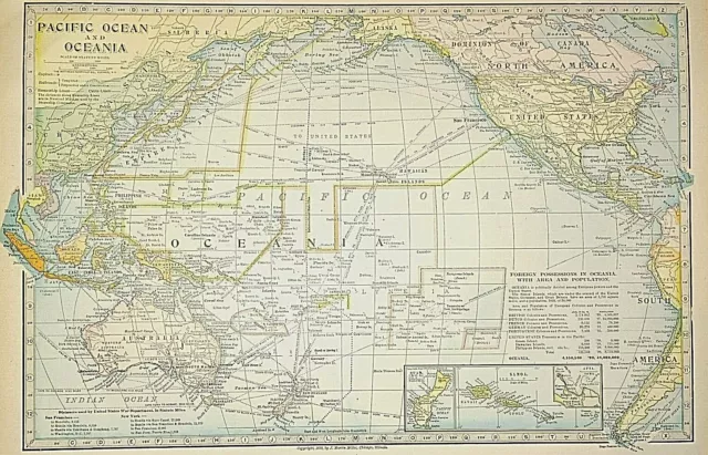 Old 1904 Atlas Map ~ PACIFIC OCEAN & OCEANICA / OCEANIA ~ Free S&H