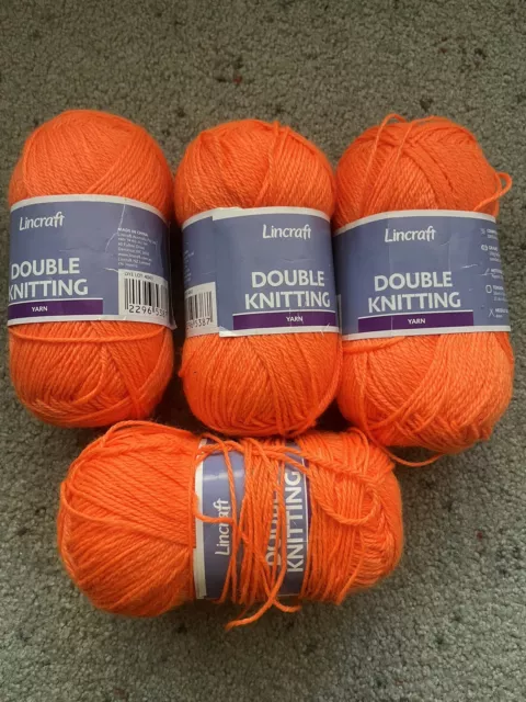 4 x 100g balls Lincraft "Double Knitting" Fluoro Orange Acrylic