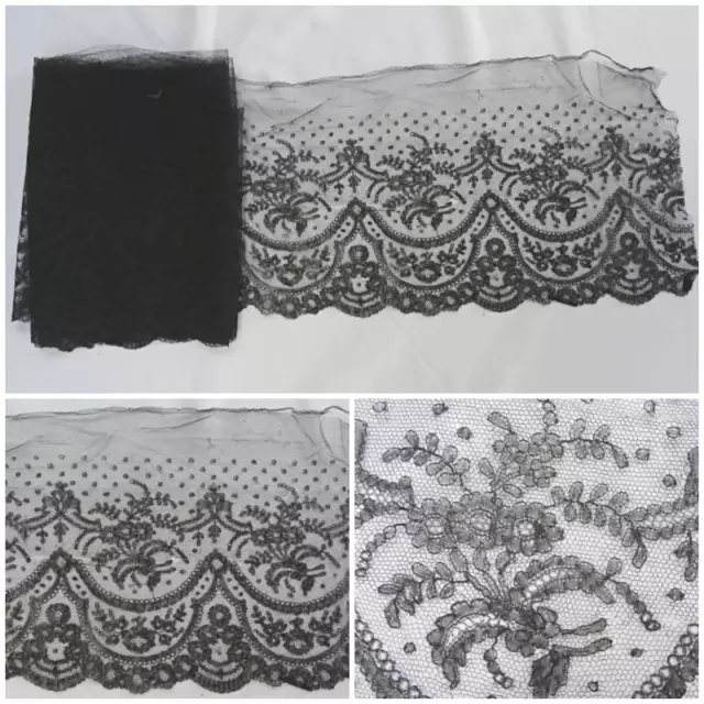 Antique Chantilly Lace Flounce Black Victorian Trim Panel Mourning 237" x 11" D