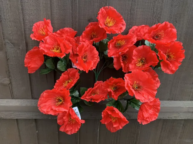 5x Red Poppy Bushes 25 Stems Artificial Silk Wild Flowers Poppies Garden Plant