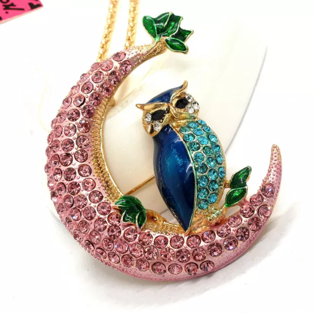 New Fashion Women Pink Blue Enamel Moon Owl Crystal Animal Pendant  Necklace