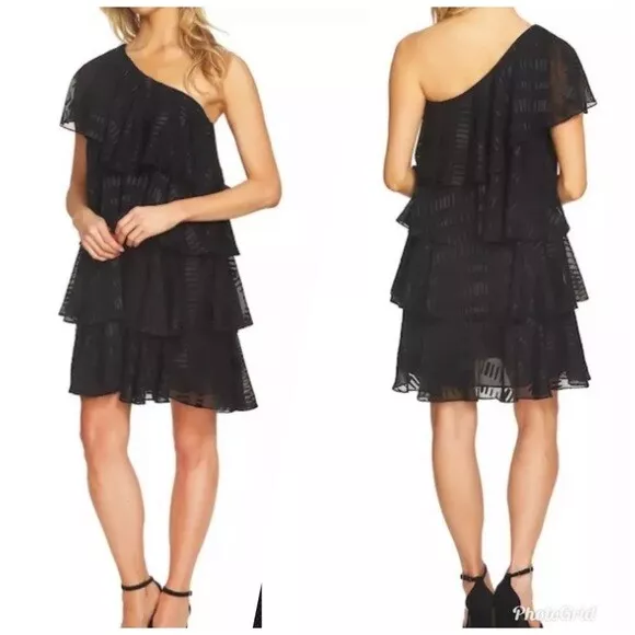 CeCe Cynthia Steffe Womens Size 4 Ruffle Tiered One Shoulder Black Dress