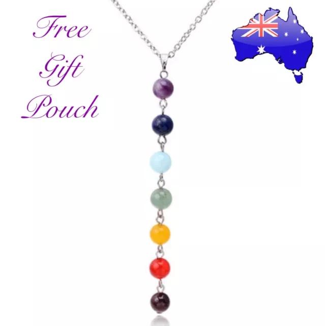 7 Stone Chakra Bead Pendant Boho Reiki Yoga Healing Silver Rainbow Necklace Gift