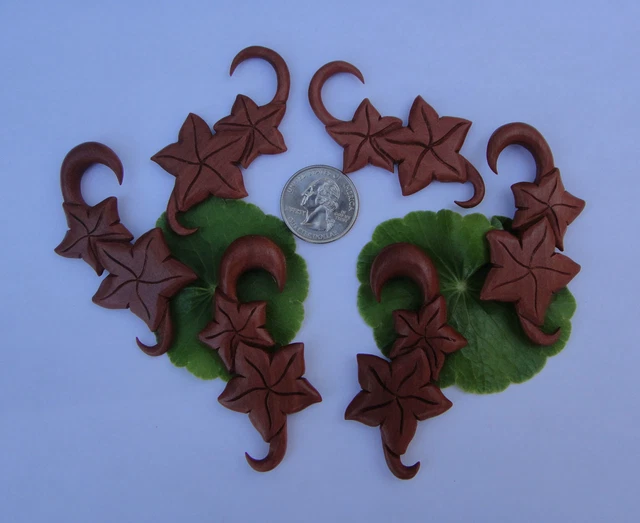 Pair Carved Organic Star Flowers Tribal Floral Ssba Wood Spirals Ear Plugs Gauge 2