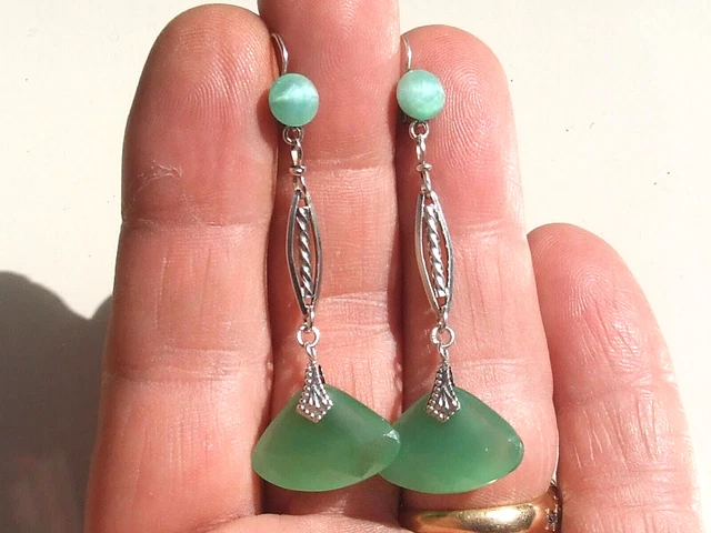 Boucles D'oreilles Anciennes En Argent Massif Et Turquoise - Style Modernist Design - Occasion
