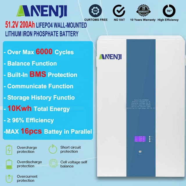 51,2 V 200AH LiFePO4 10 kWh almacenamiento batería almacenamiento solar montado en pared BMS