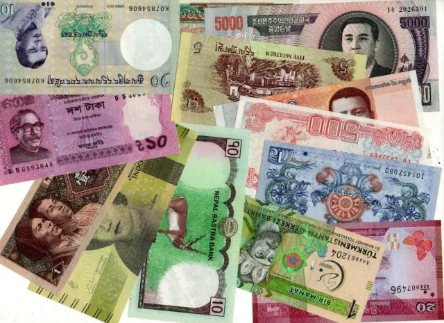 Lot 10pcs Bundle All Different Asian Countries Asia Currency World Banknotes UNC