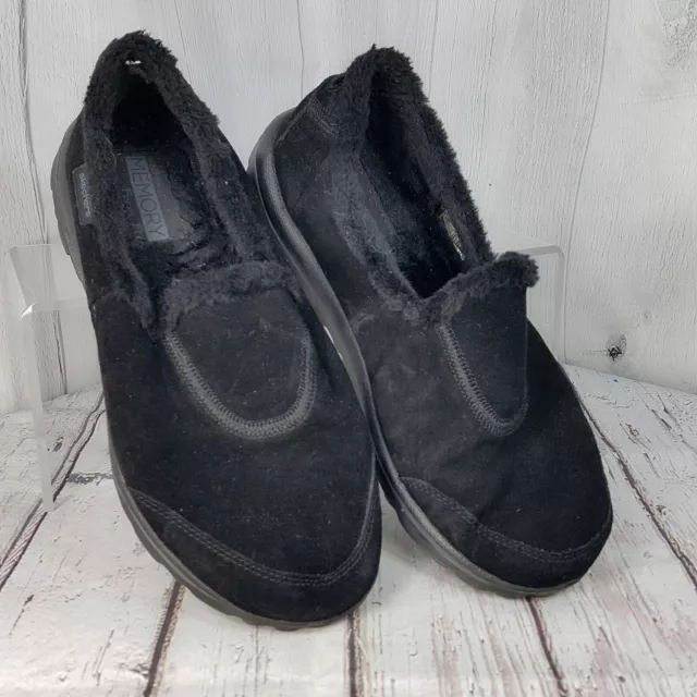 Skechers Size 8 Memory Form Fit Black Leather Suede w Faux Fur Slip On Shoes