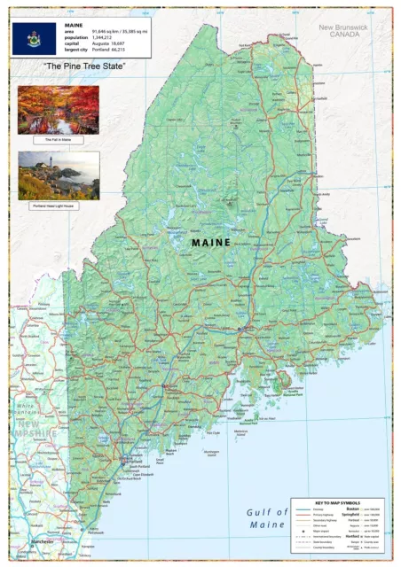 Maine USA Physical Map - Laminated 61 x 43.1cm