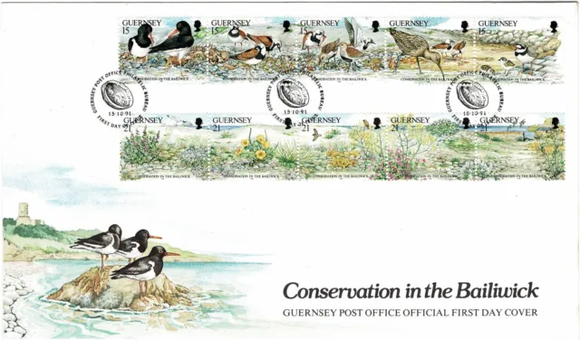 Guernsey 1991 Nature Conservation Set Of 10 On First Day Cover Birds Flowers