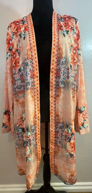 New With Tags JustFashionNow Kimono Midi 3XL Peach Floral Print Blouse Women's