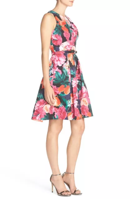 New Eliza J Belted Floral Print Faille Fit & Flare Dress 10 Petite 3