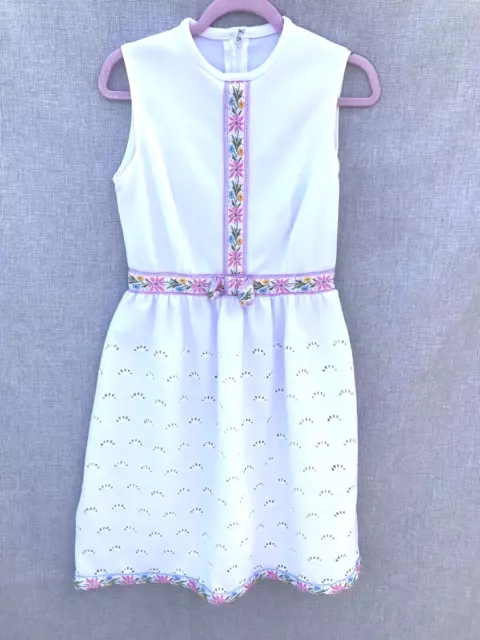 Vicky Petite Vintage 60s 70s Mini Dress XS SMALL White Pink Floral Embroidered
