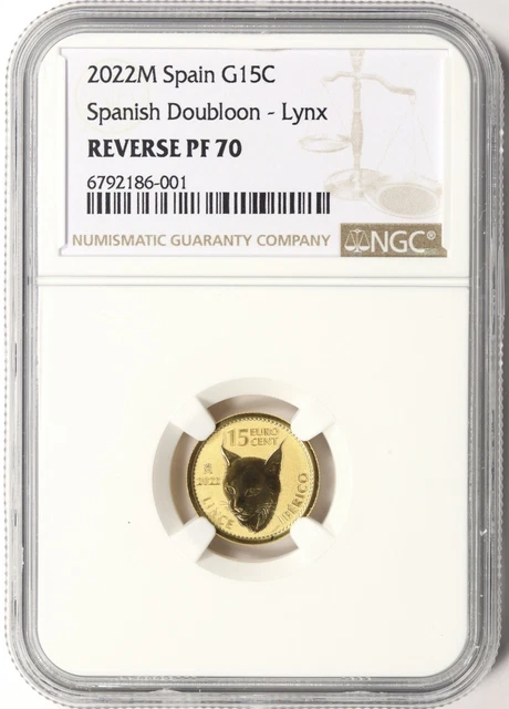 2022-M Spain Gold 15 Euro Cent Spanish Doubloon Lynx NGC Reverse PF70